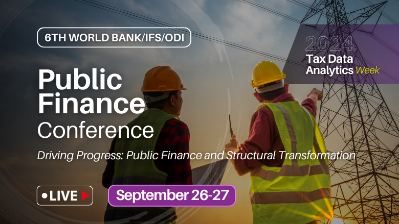 Picture of workers looking at electricity pylons with details of the 6th World Bank/IFS/ODI Public Finance Conference